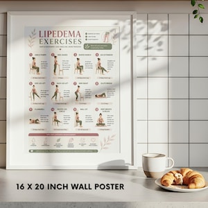 May include: A framed 16 x 20 inch wall poster with the title "Lipedema Exercises" in a white frame. The poster features illustrated exercise instructions and tips for lipedema management. A cup of coffee and a croissant are on the counter.