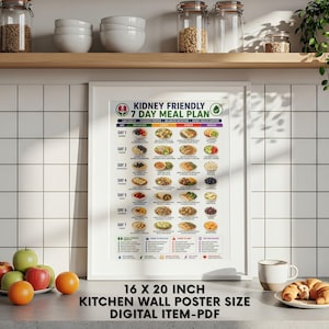 May include: A framed 40.6 by 50.8 cm wall poster titled Kidney Friendly 7 Day Meal Plan, featuring a grid of daily breakfast, lunch, dinner, and snack suggestions with small food illustrations, nutritional guidelines, and tips for success.