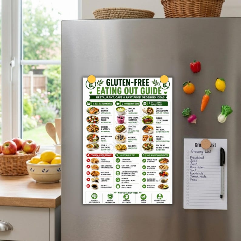 K&ouml;nnte beinhalten: Ein K&uuml;hlschrankmagnet mit einem "GLUTEN-FREE EATING OUT GUIDE" mit Restaurant- und Caf&eacute;-Bestellideen. Der Leitfaden enth&auml;lt Essensoptionen, Tipps und Symbole. Bunte Magnete und eine Einkaufsliste sind ebenfalls am K&uuml;hlschrank befestigt.