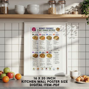 May include: A white framed poster titled Kidney Friendly 7 Day Dinner Recipes, featuring seven daily meal plans with ingredient lists and instructions, displayed on a kitchen counter. The text includes 16 x 20 inch kitchen wall poster size digital item PDF.