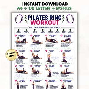 Può includere: Un grafico digitale per esercizi con cerchio Pilates che presenta sedici illustrazioni numerate con istruzioni. Il poster include testo come PILATES RING WORKOUT, INSTANT DOWNLOAD e DIGITAL ITEM, in blu, rosa e nero su uno sfondo bianco.