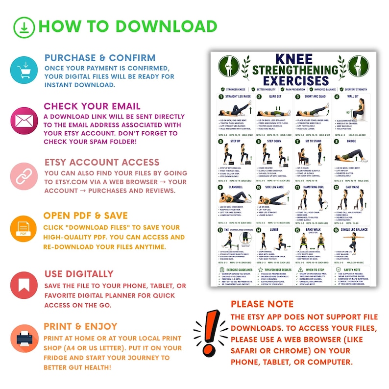 May include: A digital instructional guide titled Knee Strengthening Exercises featuring sixteen numbered illustrations of physical therapy movements, accompanied by text instructions for each exercise, safety notes, and a how-to-download guide.