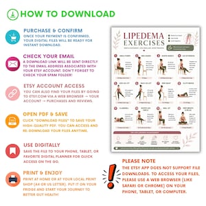 May include: A downloadable PDF guide with instructions for lipedema exercises. The guide includes illustrations of various exercises, such as ankle pumps, heel raises, and seated marches. The guide also provides tips for lifetime management and instructions on how to download the file.