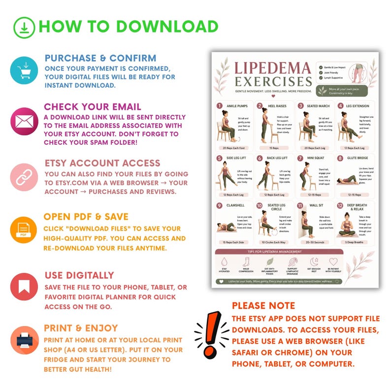 May include: A downloadable PDF guide with instructions for lipedema exercises. The guide includes illustrations of various exercises, such as ankle pumps, heel raises, and seated marches. The guide also provides tips for lifetime management and instructions on how to download the file.