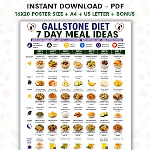 May include: A digital meal plan chart titled Gallstone Diet 7 Day Meal Ideas, featuring a grid layout with daily food suggestions from Monday to Sunday. The document includes icons for health benefits, breakfast, lunch, dinner, and snack categories.