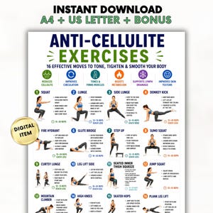 May include: A digital exercise chart titled Anti-Cellulite Exercises featuring 16 numbered illustrations of physical movements. The poster includes text descriptions for each exercise, repetition counts, and icons representing health benefits.