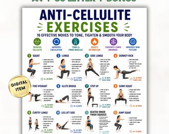 May include: A digital exercise chart titled Anti-Cellulite Exercises featuring 16 numbered illustrations of physical movements. The poster includes text descriptions for each exercise, repetition counts, and icons representing health benefits.
