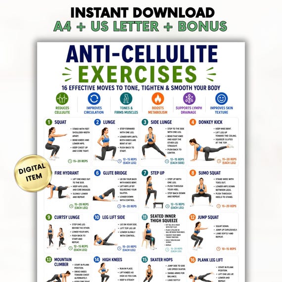 Anti Cellulite Exercises Printable, Leg & Glute Workout Chart, Thigh Toning Routine, Lower Body Fitness Guide, Home Workout PDF