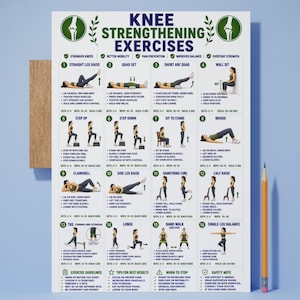 May include: A white instructional poster titled KNEE STRENGTHENING EXERCISES featuring sixteen numbered illustrations of physical therapy movements. Each section includes a diagram of a person performing the exercise, descriptive text, and repetition counts.