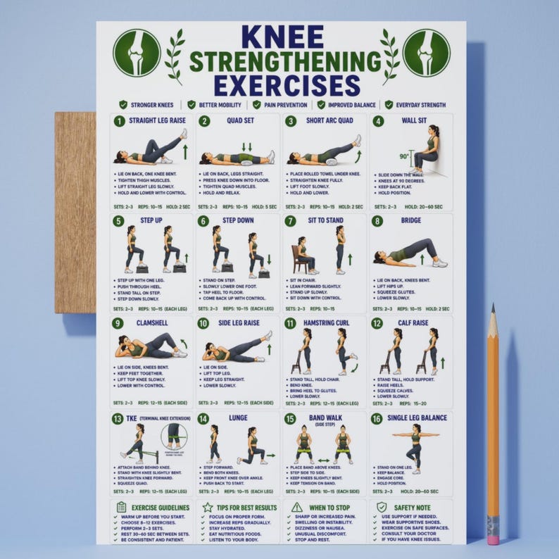 May include: A white instructional poster titled KNEE STRENGTHENING EXERCISES featuring sixteen numbered illustrations of physical therapy movements. Each section includes a diagram of a person performing the exercise, descriptive text, and repetition counts.