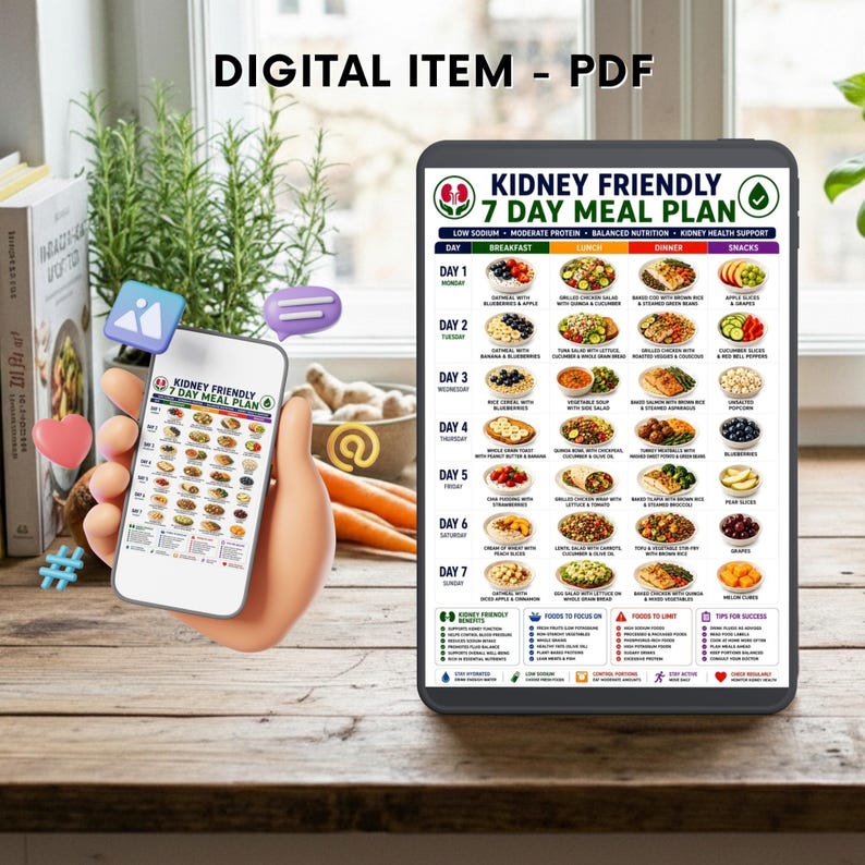 Kidney Friendly 7 Day Meal Plan Printable, Renal Diet Plan PDF, CKD Meal Planner, Low Sodium Weekly Menu, Kidney Disease Diet Chart image 2