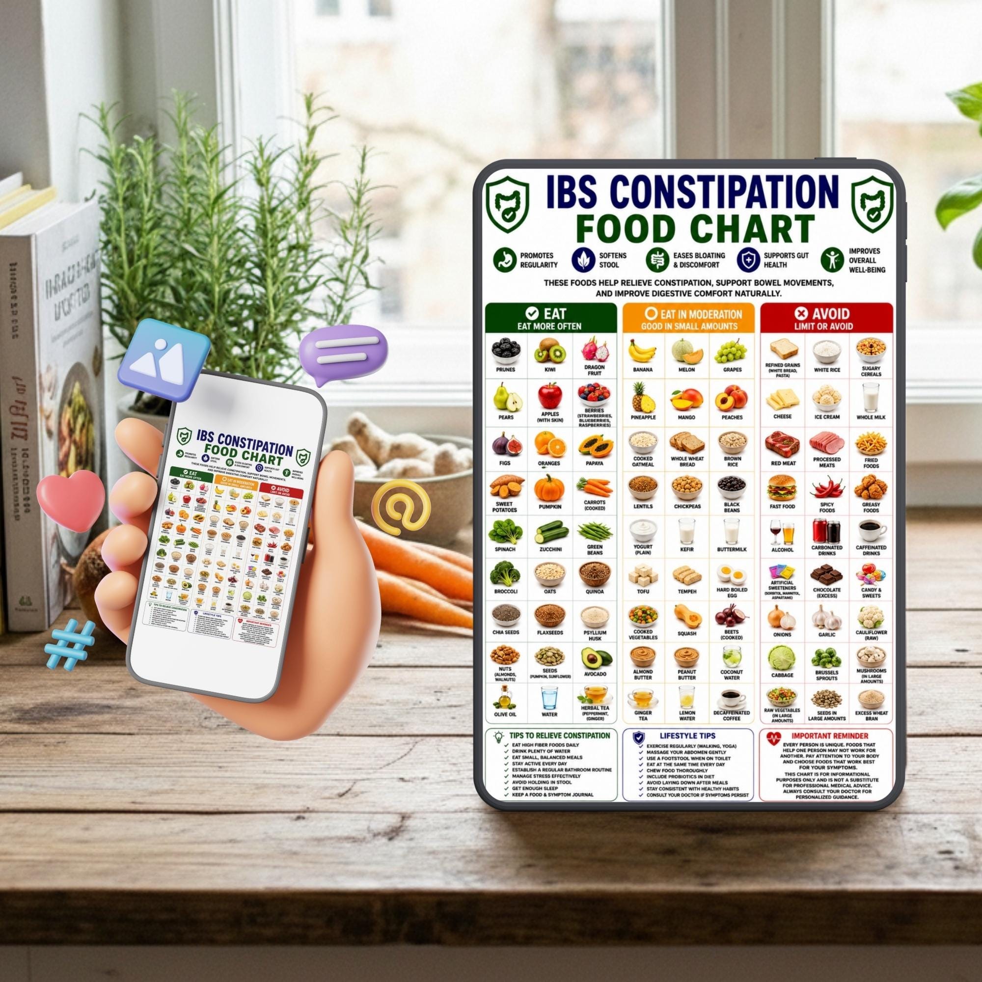Constipation List IBS Constipation Food Chart Printable, IBS-C Food List, Constipation ...