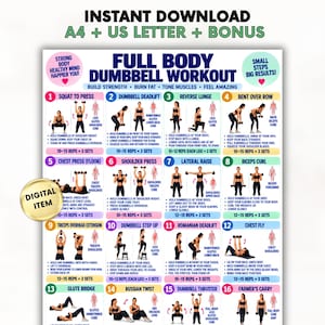 Puede incluir: Una tabla de ejercicios digital titulada Full Body Dumbbell Workout con dieciséis ilustraciones numeradas que incluyen instrucciones, repeticiones y grupos musculares. El póster contiene el texto Instant Download, A4 + US Letter + Bonus.