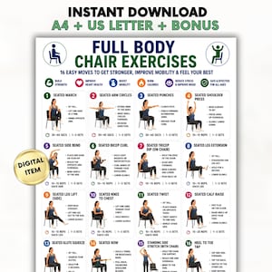 Full Body Chair Exercises Printable, Seated Exercise Low Impact Workout Guide, Chair Workout Chart, Mobility & Strength Exercises Chart