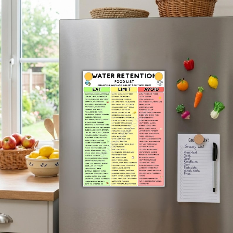 Op de afbeelding: Een rechthoekige magnetische kaart met de titel WATER RETENTION FOOD LIST met drie verticale kolommen gelabeld EAT in groen, LIMIT in geel en AVOID in rood. De kaart somt diverse voedingsmiddelen op onder elke categorie voor hulp bij vochtophoping.