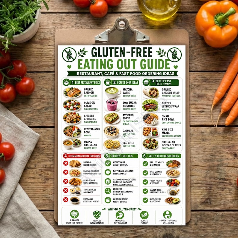 K&ouml;nnte beinhalten: Ein glutenfreier Essensf&uuml;hrer auf einem Klemmbrett mit Ideen f&uuml;r Bestellungen in Restaurants, Caf&eacute;s und Fast-Food-Restaurants. Der Leitfaden enth&auml;lt Restaurant-Auswahl, Caf&eacute;-Ideen und Fast-Food-Alternativen mit sicheren und k&ouml;stlichen Optionen. Der Leitfaden befindet sich auf einer Holzoberfl&auml;che.