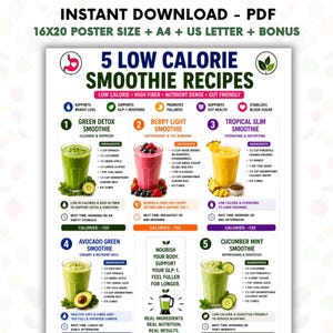 May include: A digital poster titled 5 Low Calorie Smoothie Recipes featuring five distinct drink options with ingredient lists, calorie counts, and health benefits. The layout includes images of green, berry, and tropical smoothies with text.