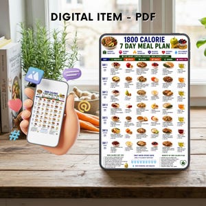 Peut inclure: Un plan de repas num&eacute;rique de 1800 calories sur 7 jours affich&eacute; sur une tablette et un smartphone. Le tableau pr&eacute;sente un programme quotidien avec des options pour le petit-d&eacute;jeuner, les collations, le d&eacute;jeuner et le d&icirc;ner, incluant des ic&ocirc;nes.