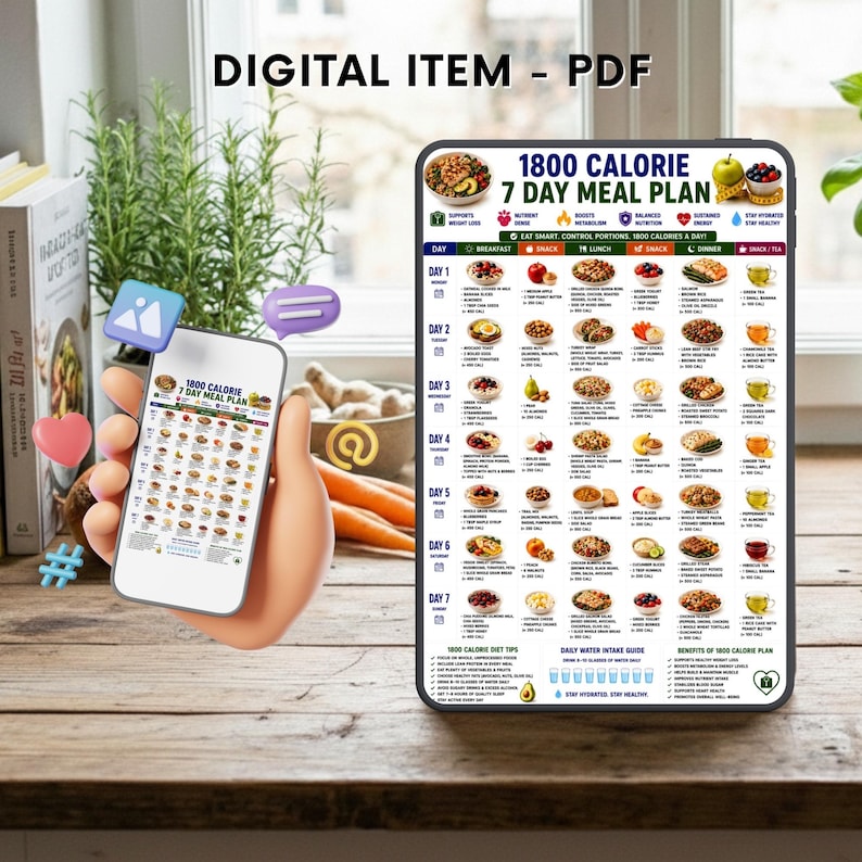 Peut inclure: Un plan de repas num&eacute;rique de 1800 calories sur 7 jours affich&eacute; sur une tablette et un smartphone. Le tableau pr&eacute;sente un programme quotidien avec des options pour le petit-d&eacute;jeuner, les collations, le d&eacute;jeuner et le d&icirc;ner, incluant des ic&ocirc;nes.