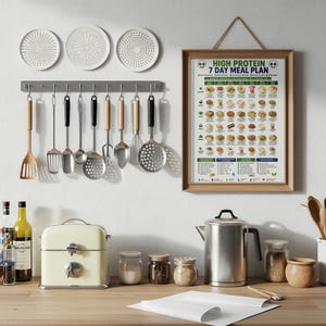 May include: A kitchen wall display featuring a framed High Protein 7 Day Meal Plan chart, a gray utensil rack with various metal and wooden kitchen tools, three white decorative plates, a cream bread box, and a stainless steel coffee percolator.