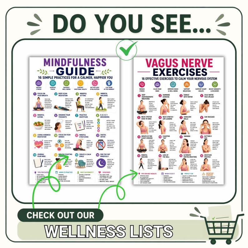 May include: Two educational posters titled Mindfulness Guide and Vagus Nerve Exercises, each featuring 16 numbered illustrations of people performing wellness practices, with descriptive text and icons for stress reduction and nervous system regulation.
