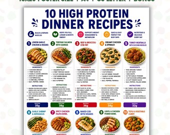 10 High Protein Dinner Recipes, Easy Healthy Meal Prep Ideas, Printable Recipe Guide,Protein Meal Prep, Dinner Recipe PDF