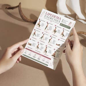 May include: A white and pink exercise chart titled "Lipedema Exercises" with illustrations of various exercises. The chart is held by hands and includes text and diagrams for each exercise, such as ankle pumps, heel raises, and leg extensions.