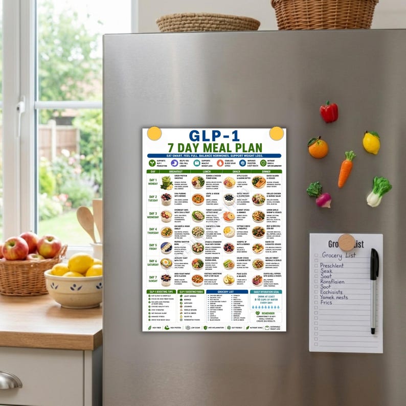 Puede incluir: Un planificador de comidas magn&eacute;tico rectangular de 7 d&iacute;as GLP-1 con fondo blanco, que presenta una cuadr&iacute;cula de sugerencias diarias de lunes a domingo, incluyendo columnas para desayuno, almuerzo, merienda y cena con im&aacute;genes y texto.