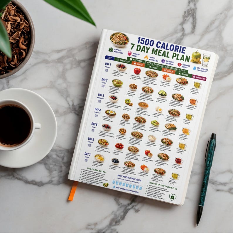 May include: A white notebook featuring a printed 1500 calorie 7 day meal plan with daily breakfast, snack, lunch, and dinner suggestions, including icons for nutrition, water intake, and diet tips, displayed on a white marble surface with a pen.