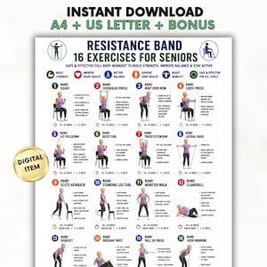 Ejercicios con bandas de resistencia para personas mayores (imprimibles), rutina de ejercicios con bandas de resistencia para personas mayores, tabla de ejercicios de cuerpo completo, entrenamiento de fuerza de bajo impacto.