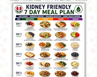 Niervriendelijk 7-daags maaltijdplan afdrukbaar, nierdieetplan pdf, CKD-maaltijdplanner, weekmenu natriumarm, dieetkaart nierziekte