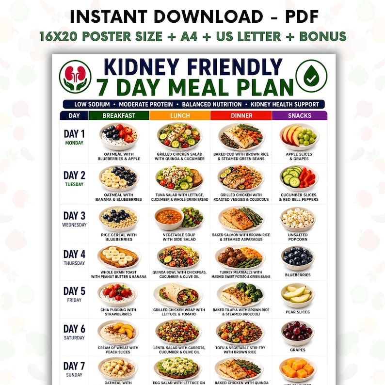 Kidney Friendly 7 Day Meal Plan Printable, Renal Diet Plan PDF, CKD Meal Planner, Low Sodium Weekly Menu, Kidney Disease Diet Chart image 1