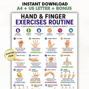 以下が含まれることがあります： 「Hand & Finger Exercises Routine」と題されたデジタル説明チャートで、手の動きを示す16の番号付きイラストが掲載されています。白いポスターには、テキストによる説明、カラフルな円形のアイコン、握力、柔軟性、可動性を向上させるための手順が記載されています。