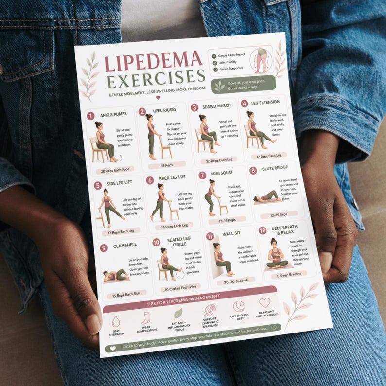May include: A white printed exercise chart for Lipedema, held by a person. The chart includes illustrations and instructions for various exercises, such as ankle pumps, heel raises, and seated marches. The chart also includes tips for Lipedema management.