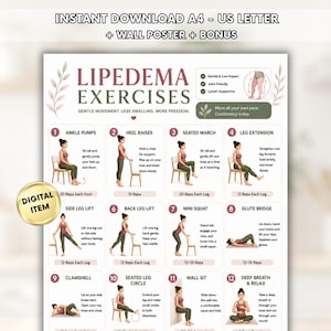 May include: A printable exercise chart for lipedema, featuring 12 exercises with illustrations and instructions. The poster includes exercises like ankle pumps, heel raises, and seated leg circles. The chart is a digital item, available in A4 and US Letter sizes.