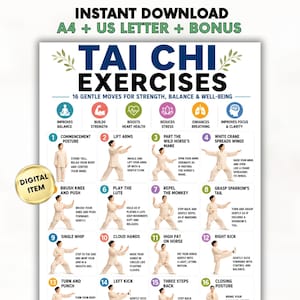 Può includere: Un poster digitale intitolato TAI CHI EXERCISES che presenta 16 passaggi numerati con illustrazioni di una persona in abiti beige che esegue movimenti. Il grafico include icone per i benefici sulla salute e descrizioni testuali per ogni esercizio.