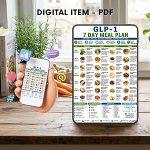 Puede incluir: Un plan de comidas digital en PDF titulado GLP-1 7 Day Meal Plan que se muestra en la pantalla de una tableta y un tel&eacute;fono inteligente. El documento presenta un horario semanal estructurado con opciones de desayuno, almuerzo, merienda y cena.
