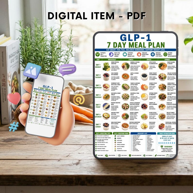 Puede incluir: Un plan de comidas digital en PDF titulado GLP-1 7 Day Meal Plan que se muestra en la pantalla de una tableta y un tel&eacute;fono inteligente. El documento presenta un horario semanal estructurado con opciones de desayuno, almuerzo, merienda y cena.