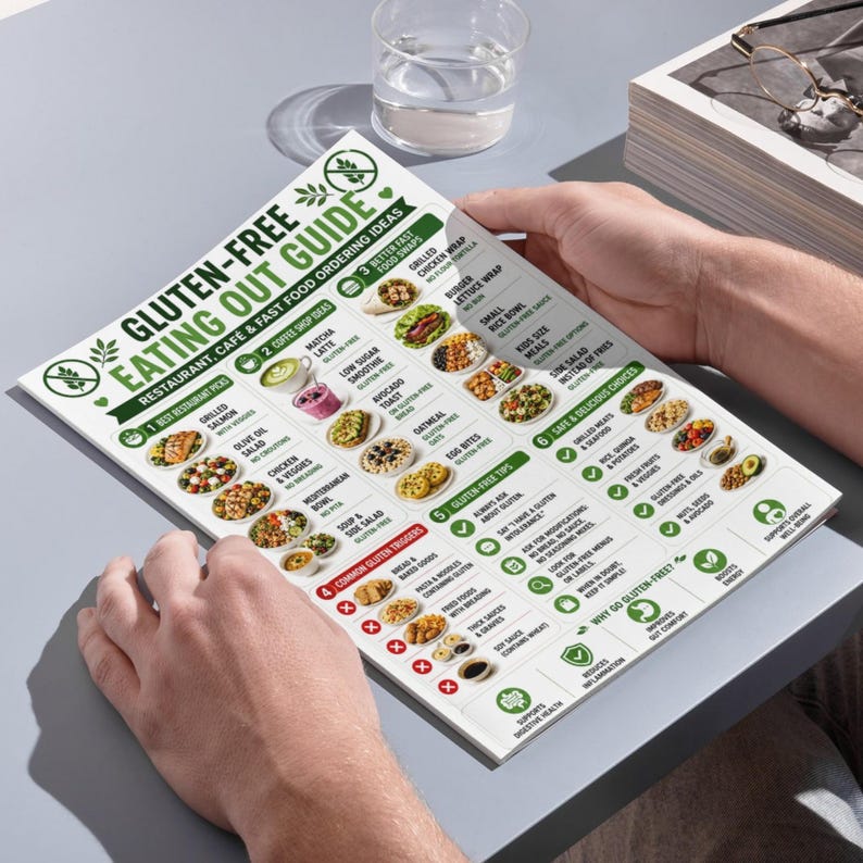 K&ouml;nnte beinhalten: Eine Person h&auml;lt einen gedruckten Ratgeber mit dem Titel "Glutenfrei Essen gehen Guide". Der Ratgeber enth&auml;lt Ideen f&uuml;r Bestellungen in Restaurants, Caf&eacute;s und Fast-Food-Restaurants mit Bildern verschiedener glutenfreier Mahlzeiten. Ein Glas Wasser steht in der N&auml;he.