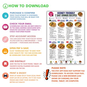 May include: A digital instructional guide titled How to Download featuring a seven-day kidney-friendly dinner recipe plan. The document includes step-by-step instructions for accessing files and a detailed meal schedule with ingredients and cooking directions.