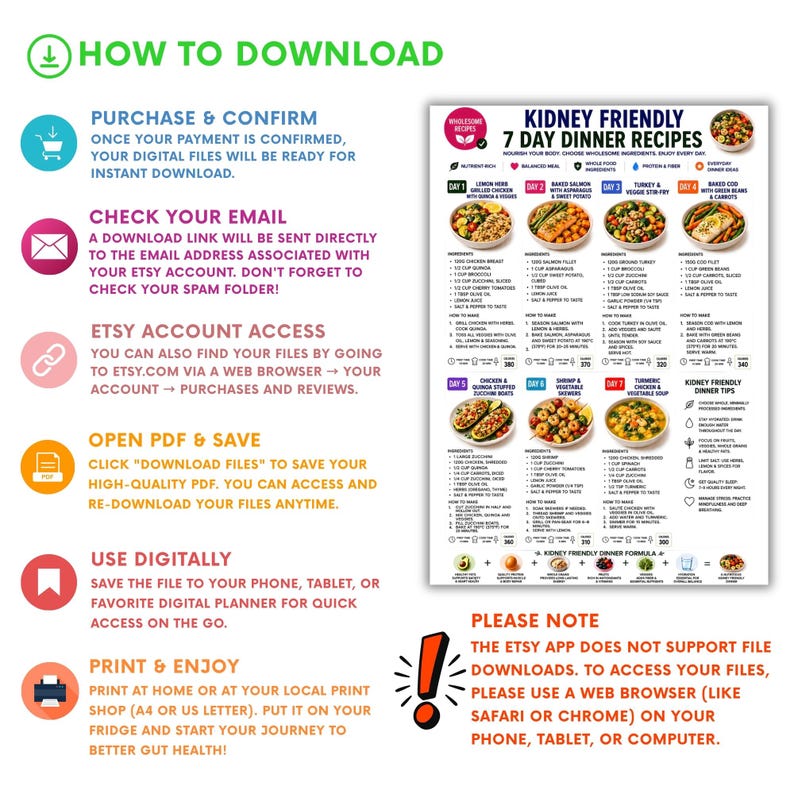 May include: A digital instructional guide titled How to Download featuring a seven-day kidney-friendly dinner recipe plan. The document includes step-by-step instructions for accessing files and a detailed meal schedule with ingredients and cooking directions.