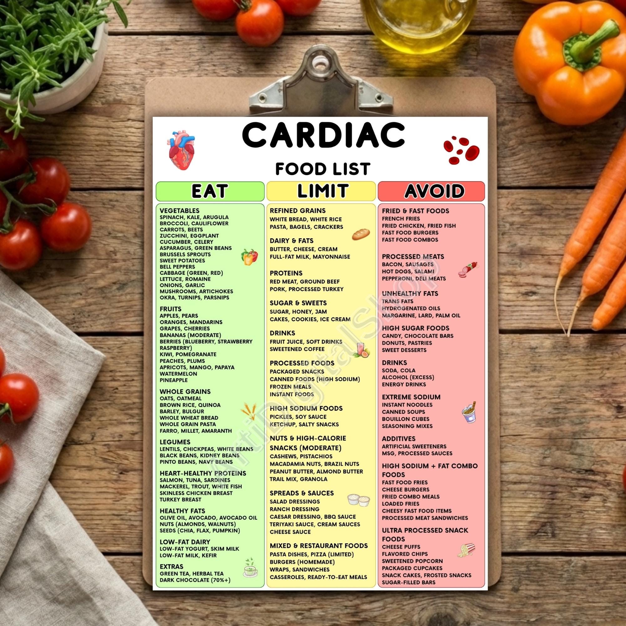 Cardiac Diet Food List Printable | Heart Health Eat Limit Avoid Chart ...
