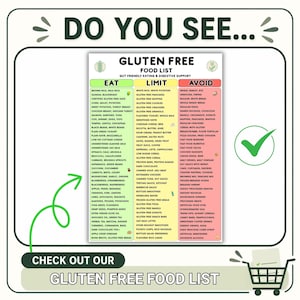 K&ouml;nnte beinhalten: Eine farbenfrohe Tabelle mit dem Titel "Glutenfreie Lebensmittel", die Lebensmittel in Kategorien wie "Essen", "Einschr&auml;nken" und "Vermeiden" einteilt. Mit gr&uuml;nem Haken und Einkaufswagen-Symbol.
