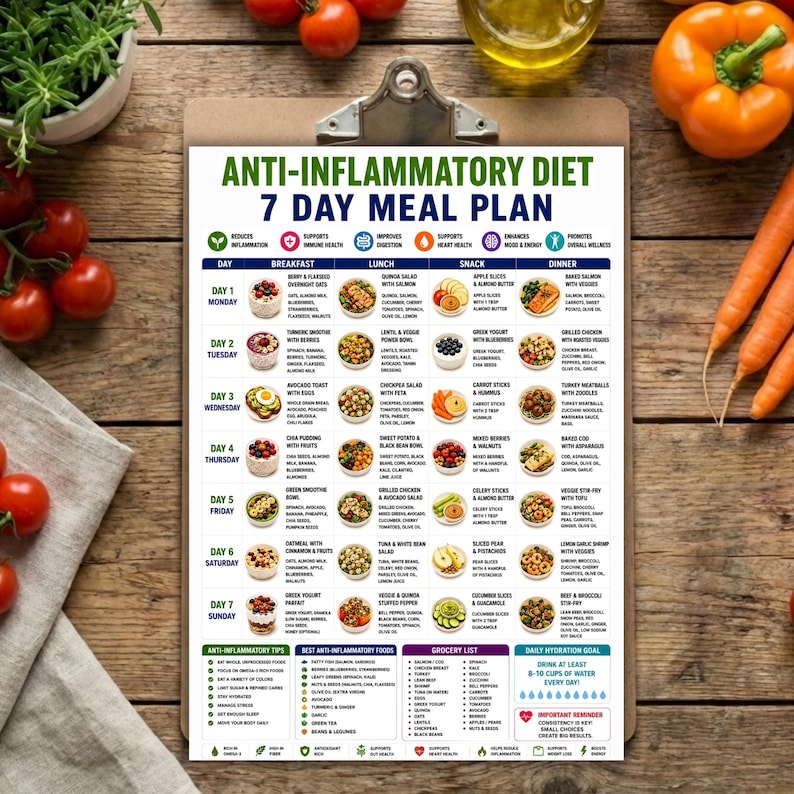 May include: A printed 7-day anti-inflammatory meal plan on a clipboard. The document features a grid layout with daily breakfast, lunch, snack, and dinner suggestions, alongside a grocery list and hydration goals, all presented in clear text.