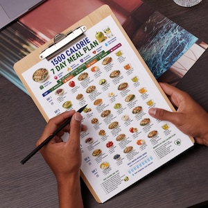 May include: A 1500 calorie 7 day meal plan printed on white paper, secured to a light brown wooden clipboard with a silver metal clip. The document features colorful food illustrations, daily meal schedules, and a daily water intake guide.