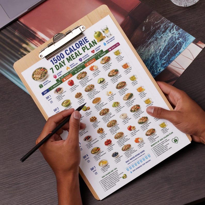 May include: A 1500 calorie 7 day meal plan printed on white paper, secured to a light brown wooden clipboard with a silver metal clip. The document features colorful food illustrations, daily meal schedules, and a daily water intake guide.