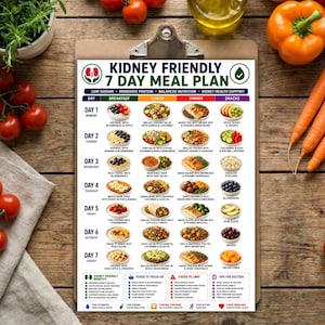 May include: A printed kidney friendly 7 day meal plan on a clipboard. The chart features a grid layout with daily breakfast, lunch, dinner, and snack suggestions, including images of food items, nutritional guidelines, and tips for success.