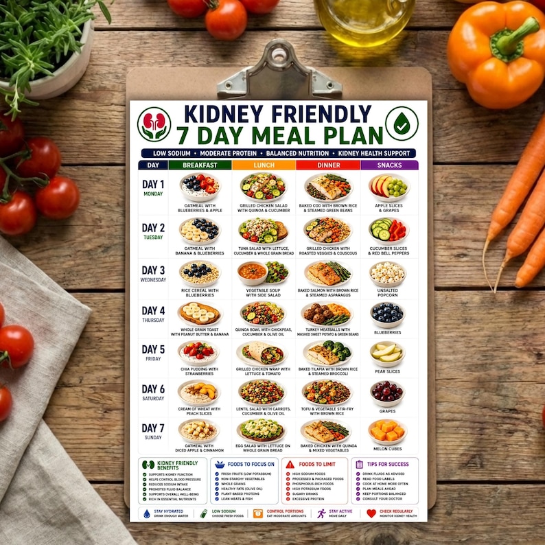 May include: A printed kidney friendly 7 day meal plan on a clipboard. The chart features a grid layout with daily breakfast, lunch, dinner, and snack suggestions, including images of food items, nutritional guidelines, and tips for success.
