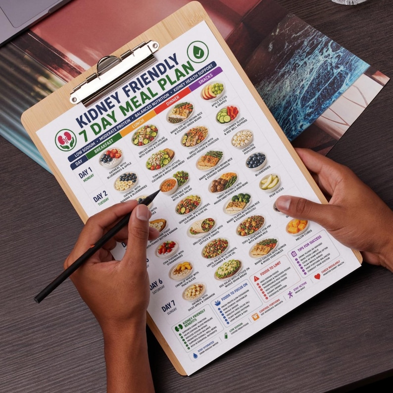 May include: A wooden clipboard holding a printed Kidney Friendly 7 Day Meal Plan chart. The document features a grid of daily breakfast, lunch, and dinner meal suggestions with small food illustrations, nutritional guidelines, and tips for success.