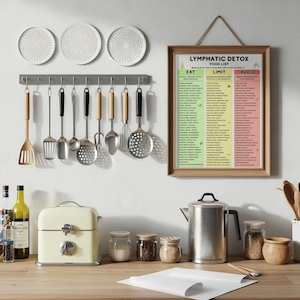 K&ouml;nnte beinhalten: K&uuml;chenszene mit Kochutensilien, einem gerahmten "Lymphatic Detox Food List" und einem cremefarbenen Toaster. Gl&auml;ser und ein Edelstahlkessel stehen auf der Arbeitsplatte.